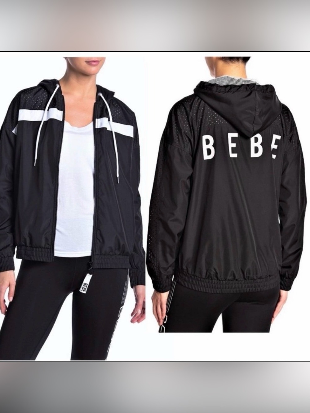 Bebe Sport Black & White Perforated Hooded Windbreaker Jacket. Women’s Large
